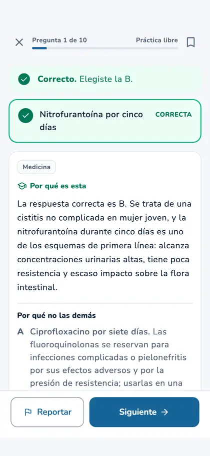La app: una pregunta respondida, con la explicación de la correcta y de las demás